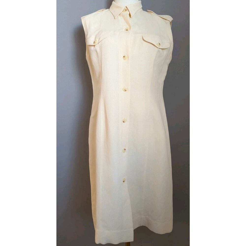 Lacoste Cream Sleeveless Shirt Dress Sz 10 Linen Button Front Coastal Travel